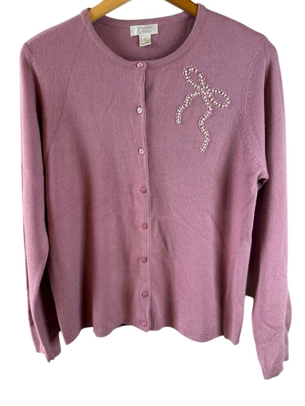 Vintage Christopher & Banks Mauve Pink Pearl Bow Cardigan Sweater XL Cottage - Picture 3 of 7